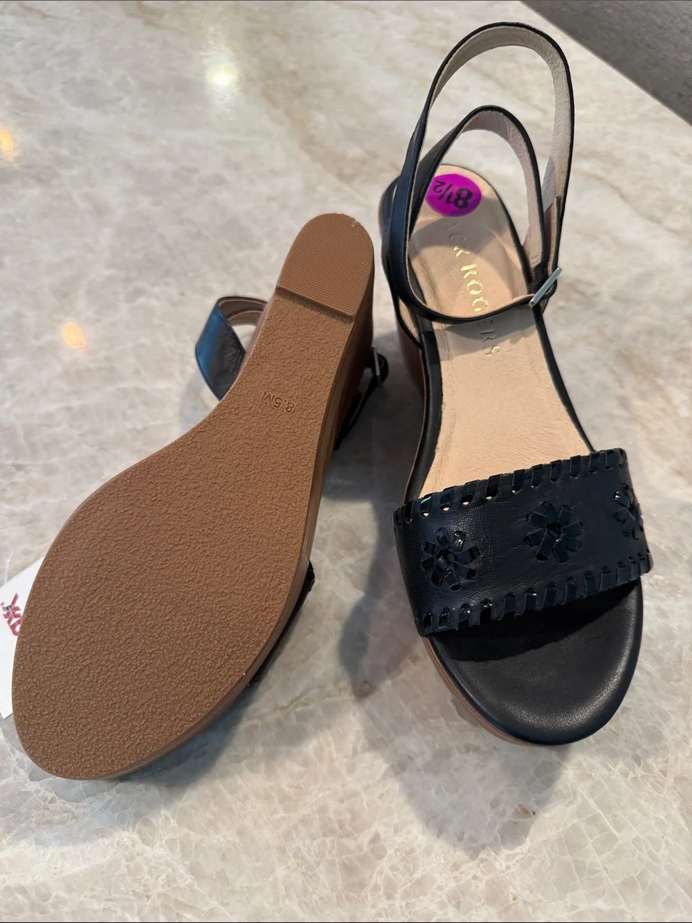 Jack Rogers Black Leather Wedge Sandals Size 81/2 Brand New Excellent Condition